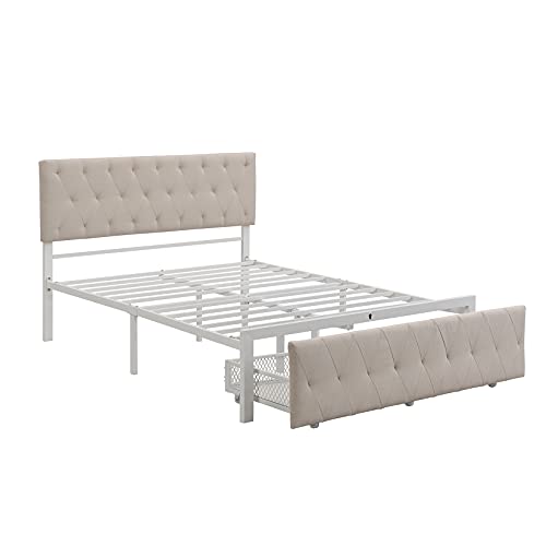 Full Bed with Drawers, Upholstered Platform Bed with Headboard, Metal Bed Frame with Storage for Boys, Girls, Kids, Teens, Beige