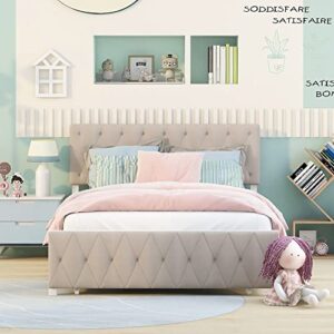 Full Bed with Drawers, Upholstered Platform Bed with Headboard, Metal Bed Frame with Storage for Boys, Girls, Kids, Teens, Beige