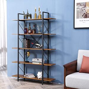 OTENNETO 5 Tier Book Shelf, Industrial Shelves Etagere Book Case with Extra Width & Rustic Wood Board, Large Vintage 5 Shelf Bookcase, Open Display Storage Furniture for Bedroom, Office, Living Room