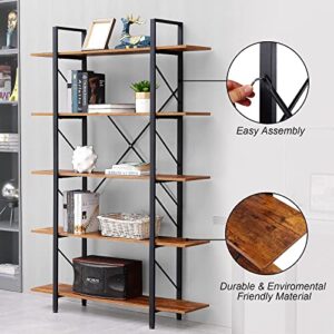 OTENNETO 5 Tier Book Shelf, Industrial Shelves Etagere Book Case with Extra Width & Rustic Wood Board, Large Vintage 5 Shelf Bookcase, Open Display Storage Furniture for Bedroom, Office, Living Room