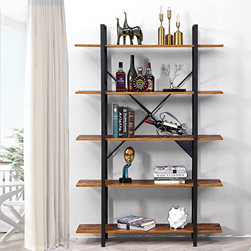 OTENNETO 5 Tier Book Shelf, Industrial Shelves Etagere Book Case with Extra Width & Rustic Wood Board, Large Vintage 5 Shelf Bookcase, Open Display Storage Furniture for Bedroom, Office, Living Room