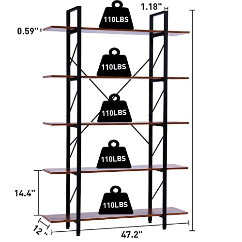 OTENNETO 5 Tier Book Shelf, Industrial Shelves Etagere Book Case with Extra Width & Rustic Wood Board, Large Vintage 5 Shelf Bookcase, Open Display Storage Furniture for Bedroom, Office, Living Room