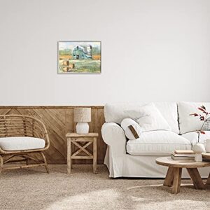 Stupell Industries Contemporary Blue Farm Barn Hay Bails Empty Field, Designed by Sally Swatland Gray Framed Wall Art, 20 x 16, Green