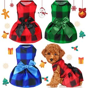 3 pieces christmas buffalo plaid puppy dress with bowknot plaid dog princess dress check pattern dog skirt holiday pet dresses puppy costume apparel clothes for small dogs (s (3-5lbs))