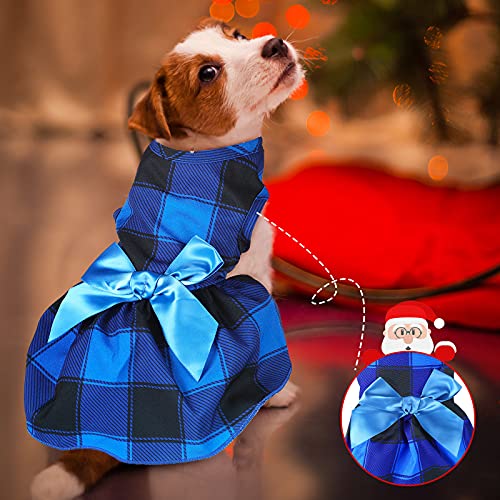 3 Pieces Christmas Buffalo Plaid Puppy Dress with Bowknot Plaid Dog Princess Dress Check Pattern Dog Skirt Holiday Pet Dresses Puppy Costume Apparel Clothes for Small Dogs (S (3-5lbs))