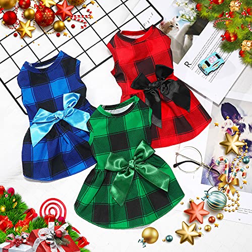 3 Pieces Christmas Buffalo Plaid Puppy Dress with Bowknot Plaid Dog Princess Dress Check Pattern Dog Skirt Holiday Pet Dresses Puppy Costume Apparel Clothes for Small Dogs (S (3-5lbs))