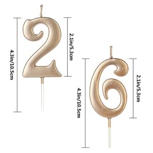 26th & 62nd Number Birthday Candles for Cake Topper, Number 62 26 Glitter Premium Candle Party Anniversary Celebration Decoration for Kids Women or Men, Champagne Gold