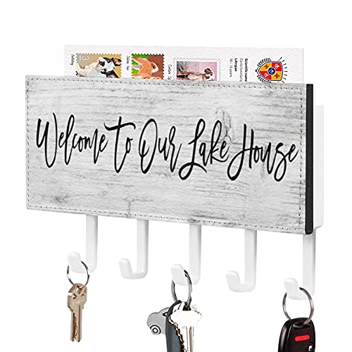 godblessign Welcome to Our Lake House Key Holder for Wall, Lake House Mail Holder and Key Rack for Entryway, Farmhouse Home Decor Key Hooks, Rustic Key Hangers with 5 Hooks