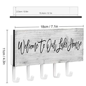 godblessign Welcome to Our Lake House Key Holder for Wall, Lake House Mail Holder and Key Rack for Entryway, Farmhouse Home Decor Key Hooks, Rustic Key Hangers with 5 Hooks