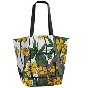 sinestour buttercup anemone flowers reusable grocery bags foldable heavy duty shopping tote bag for women with pouch eco friendly washable for supermarket gift