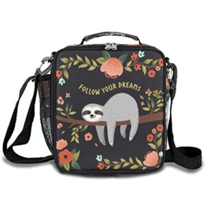 cute sloth flower print insulated lunch bag durable leakproof lunch box bento cooler tote bag with removable shoulder strap for men women adults girls boys back to school lunchbox