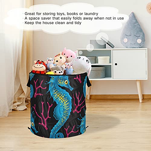 Seahorse Pink Coral Pop Up Laundry Hamper With Lid Foldable Laundry Basket With Handles Collapsible Storage Basket Clothes Organizer for Kids Room Bedroom