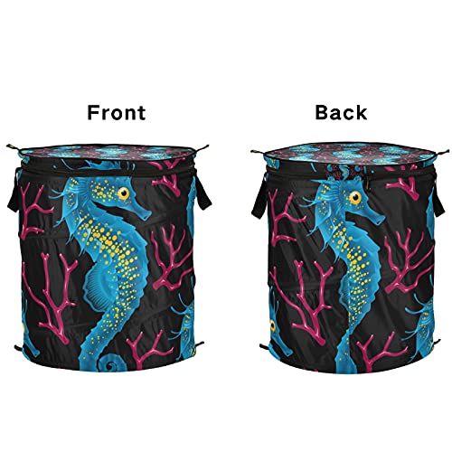 Seahorse Pink Coral Pop Up Laundry Hamper With Lid Foldable Laundry Basket With Handles Collapsible Storage Basket Clothes Organizer for Kids Room Bedroom