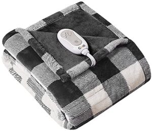 soft plush electric heated blanket throw, white black plaid microlight therapedic throws | 3 heat setting with auto shut off, 6ft power cord, | washable