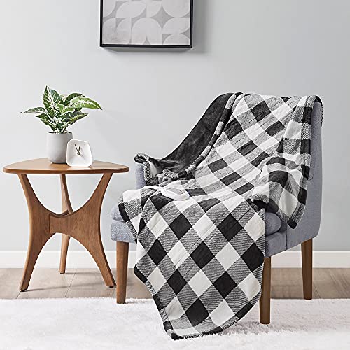 Soft Plush Electric Heated Blanket Throw, White Black Plaid Microlight Therapedic Throws | 3 Heat Setting with Auto Shut Off, 6ft Power Cord, | Washable