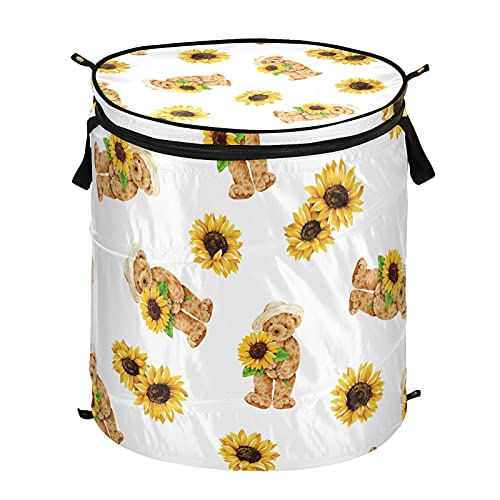 Bears Sunflowers Pop Up Laundry Hamper With Lid Foldable Laundry Basket With Handles Collapsible Storage Basket Clothes Organizer for Travel Picnic Camp