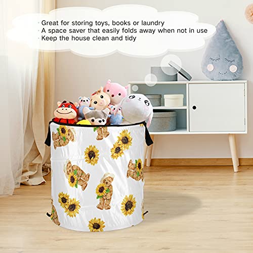 Bears Sunflowers Pop Up Laundry Hamper With Lid Foldable Laundry Basket With Handles Collapsible Storage Basket Clothes Organizer for Travel Picnic Camp