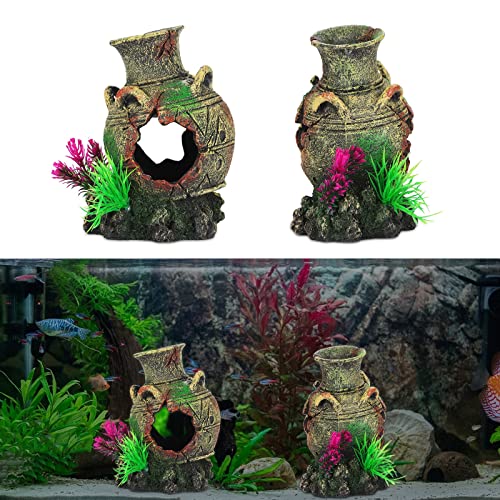 UNEAK - Aquarium Decorations Vase Jar Jug Sunken Fish Tank Decoration Ornament Landscaping Rocks Cave Saltwater Freshwater Small & Medium Fish Garden Pond Ornaments Resin