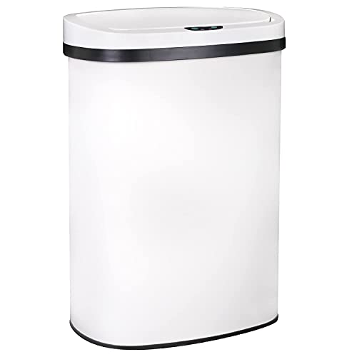 Tyyps Kitchen Trash Can Touch Free Automatic Stainless Steel Trash Can 50L Metal Garbage Can 13 Gallon Trash Can Lidded Trash Can Oval Shape Garbage Bin for Bathroom Bedroom Home Office, White