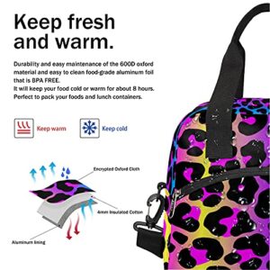 Leopard Raibow Fashion Insulated Lunch Bag Cheetah Colorful Skin Lunch Box for Women Girl with Shoulder Strap Tote Bag Reusable Large Containers Meal Prep for School Work Picnic Thermal Cooler Bag