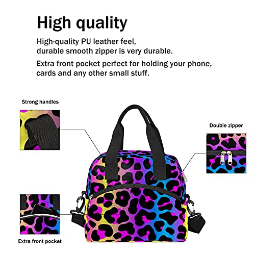 Leopard Raibow Fashion Insulated Lunch Bag Cheetah Colorful Skin Lunch Box for Women Girl with Shoulder Strap Tote Bag Reusable Large Containers Meal Prep for School Work Picnic Thermal Cooler Bag