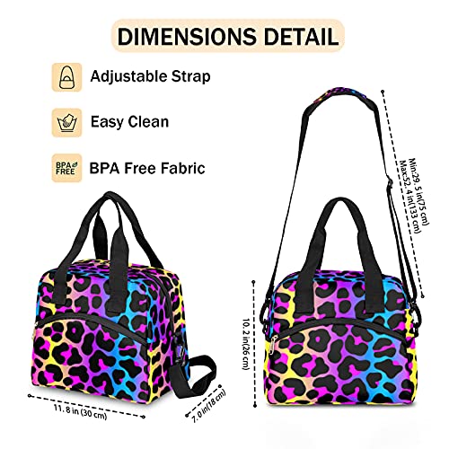 Leopard Raibow Fashion Insulated Lunch Bag Cheetah Colorful Skin Lunch Box for Women Girl with Shoulder Strap Tote Bag Reusable Large Containers Meal Prep for School Work Picnic Thermal Cooler Bag