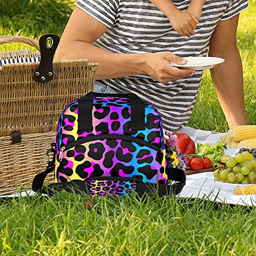 Leopard Raibow Fashion Insulated Lunch Bag Cheetah Colorful Skin Lunch Box for Women Girl with Shoulder Strap Tote Bag Reusable Large Containers Meal Prep for School Work Picnic Thermal Cooler Bag