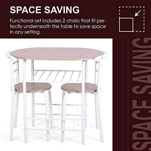 MAISON ARTS 3 Piece Round Dining Room Table Set for 2 Space Saving Small Dining Table with 2 Chairs for Kitchen, Dining Room, Breakfast,Compact Space w/Steel Frame, Built-in Wine Rack, Oak Color