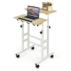 tangkula mobile standing desk stand up desk, height adjustable computer desk with standing & seating 2 modes, tilting tabletop & flexible wheels, rolling laptop cart sit stand desk