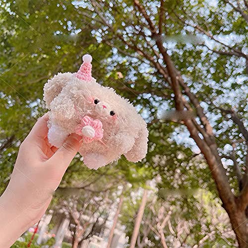 Cute Furry Cartoon Handmade Knit Pink Long-Eared Bunny Rabbit Animal Plush Case Compatible with Sony WF-1000XM3 Wireless Earbud Girlilsh Stuffed Doll Headphone Cover for Girls Women Easter Gifts