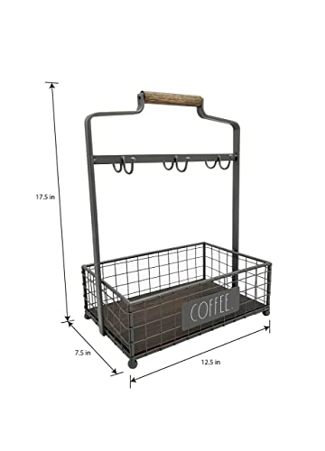 Rae Dunn Coffee Mug Holder - 6 Hook Coffee Cup Rack with Rectangular Rustic Style Crockery Holder for Storage and Display - Mug Stand Organizer for Kitchen Counter or Cafe Countertop - Coffee