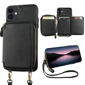 bocasal rfid blocking wallet case for iphone 11, adjustable crossbody zipper purse case card holder with kickstand detachable wrist strap, pu leather flip folio case 6.1 inch (black)