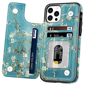 Hoofur iPhone 12 Case, Slim Fit Premium Leather iPhone 12 Pro Wallet Cases Card Slots Shockproof Folio Flip Protective Defender Shell for iPhone 12 Pro (6.1 inch) 2020 (Almond Blossom)