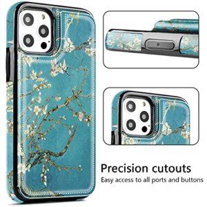 Hoofur iPhone 12 Case, Slim Fit Premium Leather iPhone 12 Pro Wallet Cases Card Slots Shockproof Folio Flip Protective Defender Shell for iPhone 12 Pro (6.1 inch) 2020 (Almond Blossom)