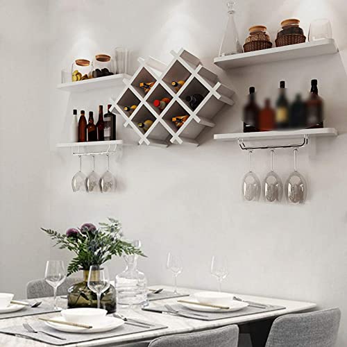 Gdrasuya10 Set of 5 Wine Rack Wall Mounted Wooden Wine Holder Shelf Set w/Storage Shelves and Glass Holder Wine Rack Insert Display Rack Multifunctional Storage Shelf Modern Diamond-Shaped (White)