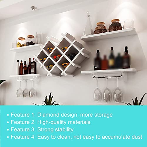 Gdrasuya10 Set of 5 Wine Rack Wall Mounted Wooden Wine Holder Shelf Set w/Storage Shelves and Glass Holder Wine Rack Insert Display Rack Multifunctional Storage Shelf Modern Diamond-Shaped (White)