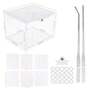 flyan acrylic reptile feeding box 3.9x3.15x2.75 inch transparent glass breeding box terrarium with 2 pcs straight and curved tweezers for pet insect spider crickets snails hermit crabs lizard