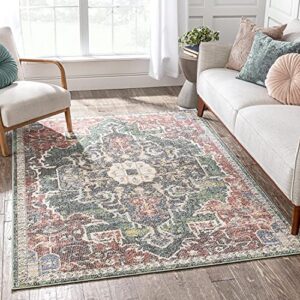 well woven leon vintage medallion green & rust red pastel colors area rug (7'10" x 9'10")