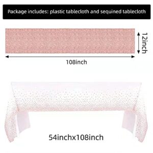 FGSAEOR Rose Gold Tablecloth, 12x108inch Sequins Table Runners and 54x108inch Plastic Table Cloths for Party Decorations, Sparkling Party Supplies Table Cover for Indoor Outdoor Parties