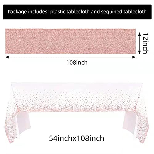 FGSAEOR Rose Gold Tablecloth, 12x108inch Sequins Table Runners and 54x108inch Plastic Table Cloths for Party Decorations, Sparkling Party Supplies Table Cover for Indoor Outdoor Parties