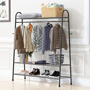 grade one metal clothes rack with 3-tier shelves, heavy duty clothing rack for hanging clothes, garment rack for clothes. shoes and bags storage and organizer, black