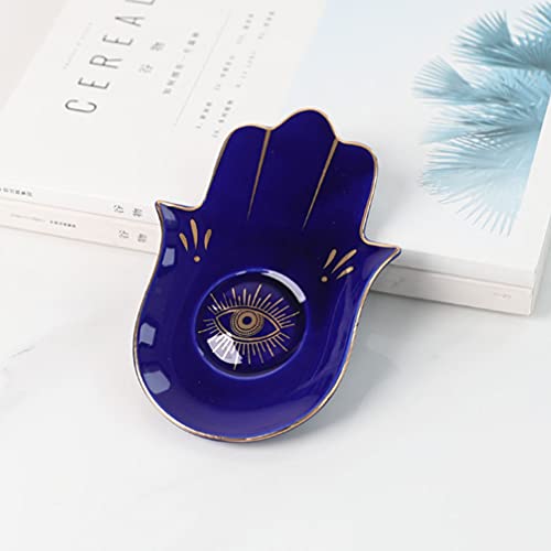 HEALLILY Ceramic Jewelry Dish Buddha Hand Ring Holder Tray Jewelry Display Dish Evil Eye Trinket Organizer Storage Plate Key Bowl for Earring Bracelet Necklace Blue