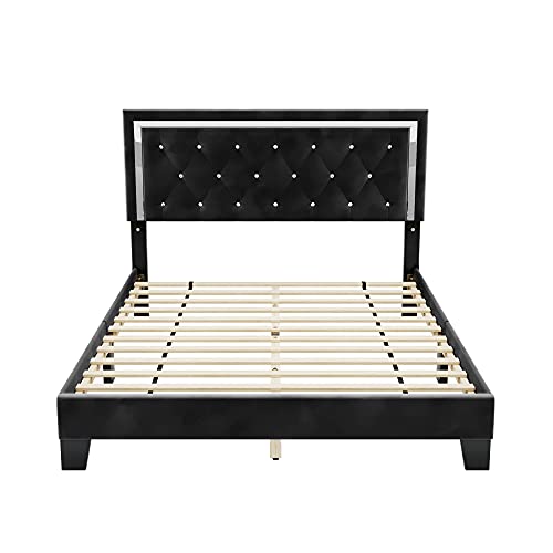 Queen Bed Frame, Diamond Tufted Upholstered Platform Bed Frame with Adjustable Headboard, Mattress Foundation with Wooden Slat Support, No Box Spring Needed, Easy Assembly (Queen, Black)