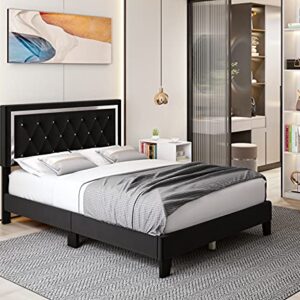 Queen Bed Frame, Diamond Tufted Upholstered Platform Bed Frame with Adjustable Headboard, Mattress Foundation with Wooden Slat Support, No Box Spring Needed, Easy Assembly (Queen, Black)