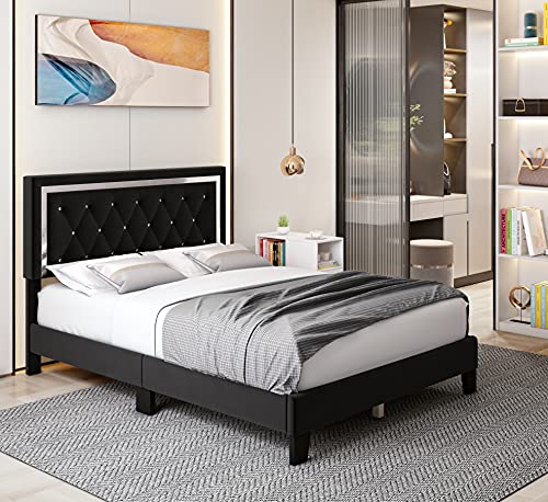 Queen Bed Frame, Diamond Tufted Upholstered Platform Bed Frame with Adjustable Headboard, Mattress Foundation with Wooden Slat Support, No Box Spring Needed, Easy Assembly (Queen, Black)