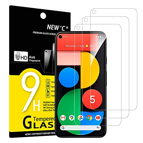 NEW'C Pack of 3, Glass Screen Protector for Google Pixel 5 5G, Anti-Scratch, Anti-Fingerprints, Bubble-Free, 9H Hardness, 0.33mm Ultra Transparent, Ultra Resistant Tempered Glass