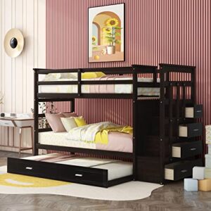 solid wood twin over twin bunk bed, trundle bunk beds with 4 storage drawers, staircase and safety guard rail, no box spring needed (espresso)