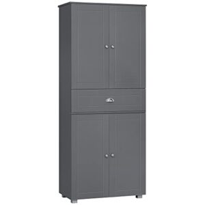 homcom 72" freestanding kitchen pantry cabinet with 2 large double door cabinets and 1 center drawer, grey
