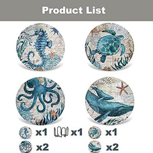 Coasters for Drinks, Absorbent Coaster Sets of 6 with Holder, Ocean Themed Ceramic Coaster Set with Cork Base, Whale,Universal Size,Suitable for Most Scenes Such as Office, Kitchen