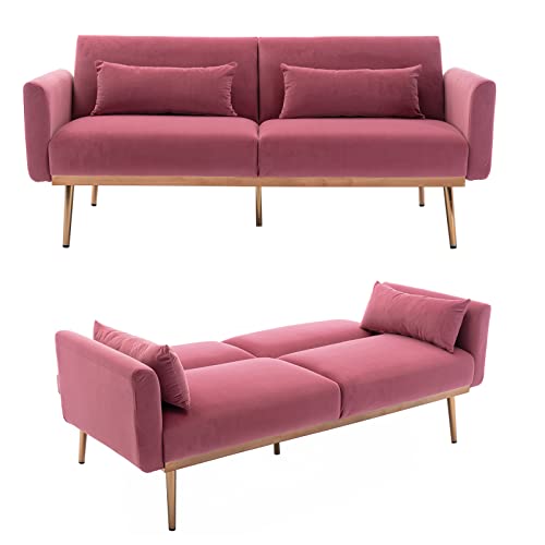 LoLado Velvet Futon Sofa Bed, Modern Tufted Convertible Sleeper Sofa with 2 Throw Pillow, Adjustable Loveseat, Accent Couch for Living Room, Bedroom, Bonus Room (Pink)